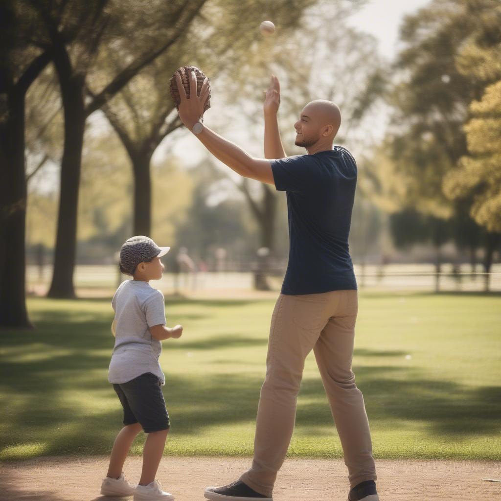 Baseball player playing catch with his children