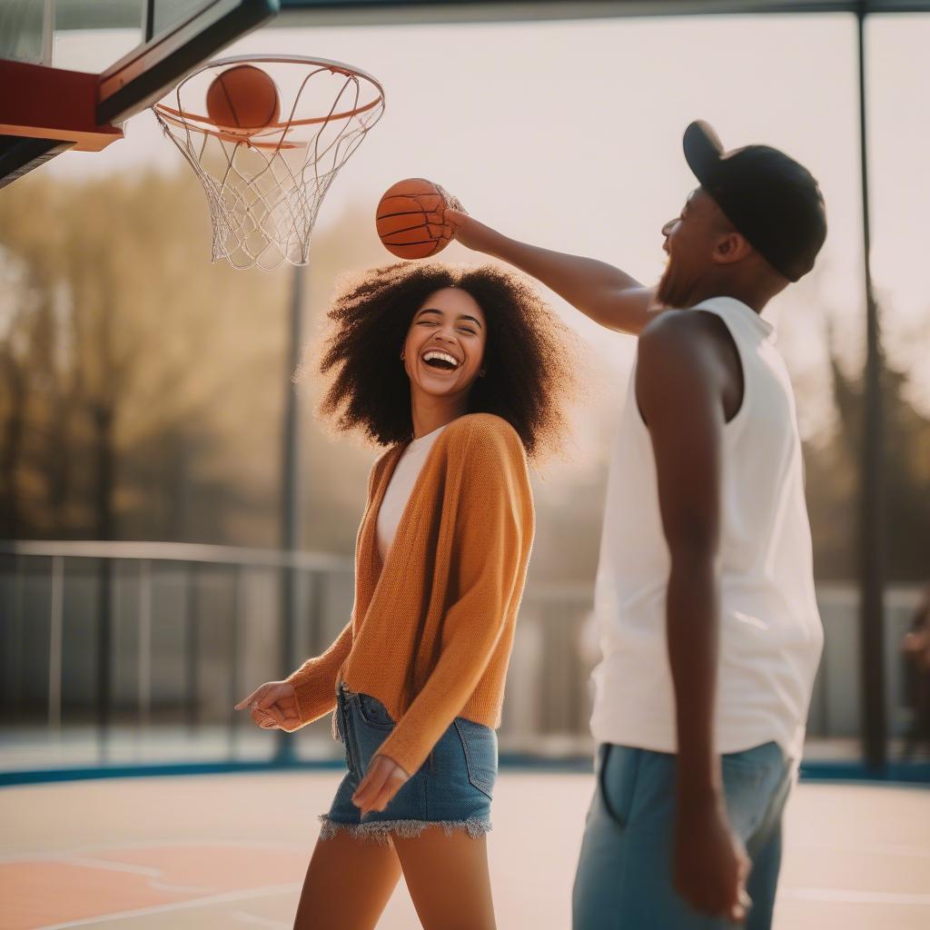 Couple Shooting Hoops on a Basketball Court