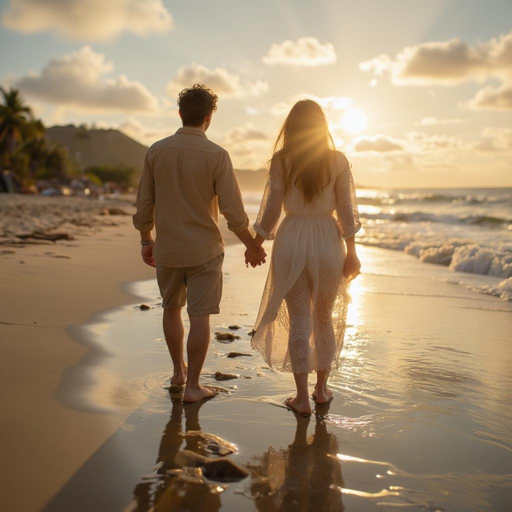 Couple walking hand-in-hand on a beach at sunset, representing togetherness and love