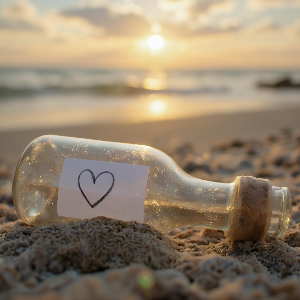 Message in a Bottle on the Beach at Sunset