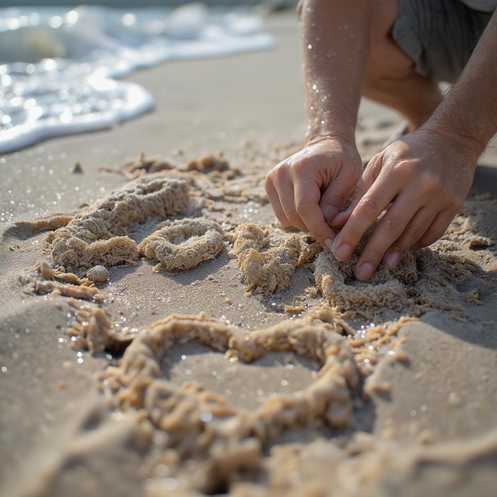 Writing a beach-inspired love quote in the sand, symbolizing the ephemeral yet beautiful nature of romance.