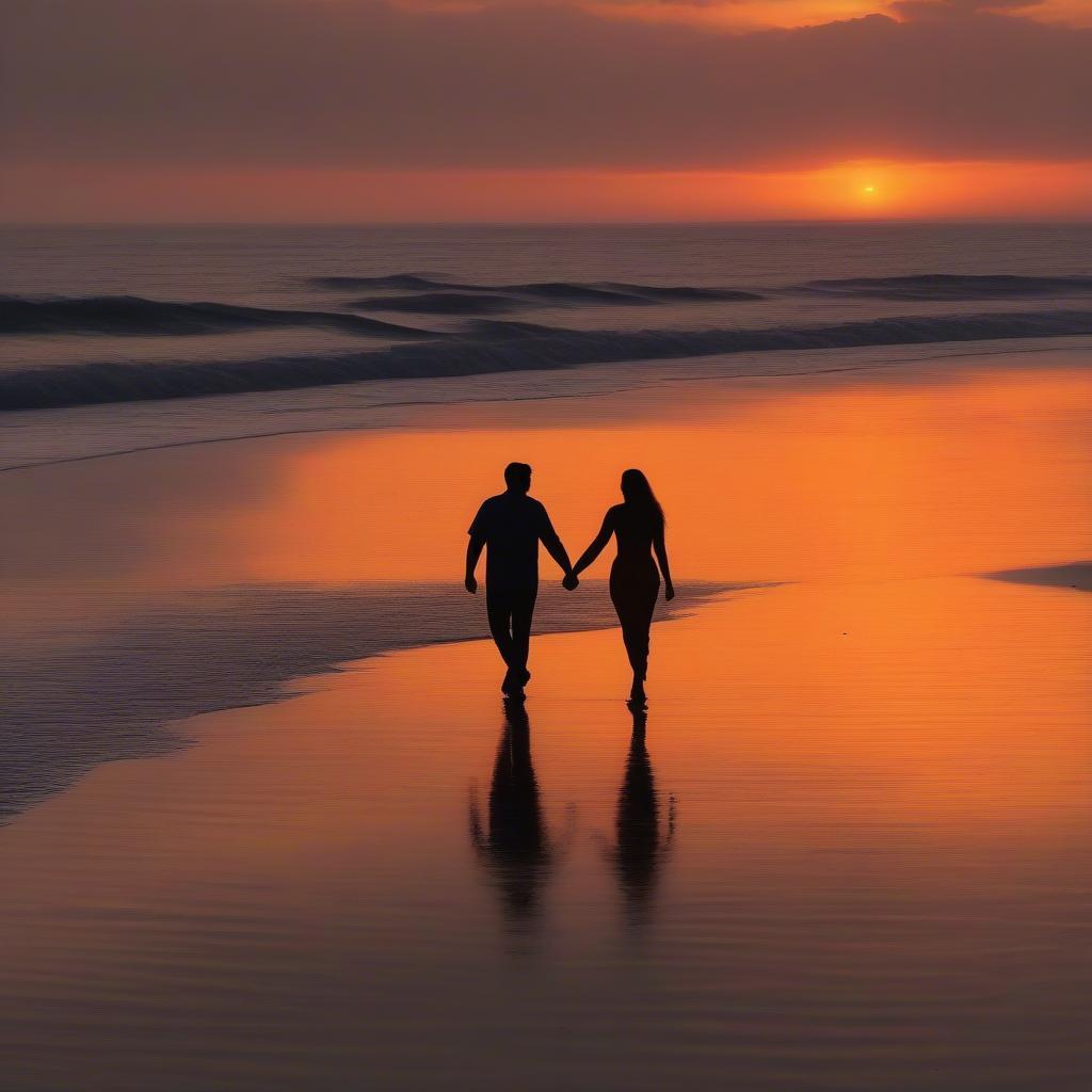 Couple Walking on Beach at Sunset