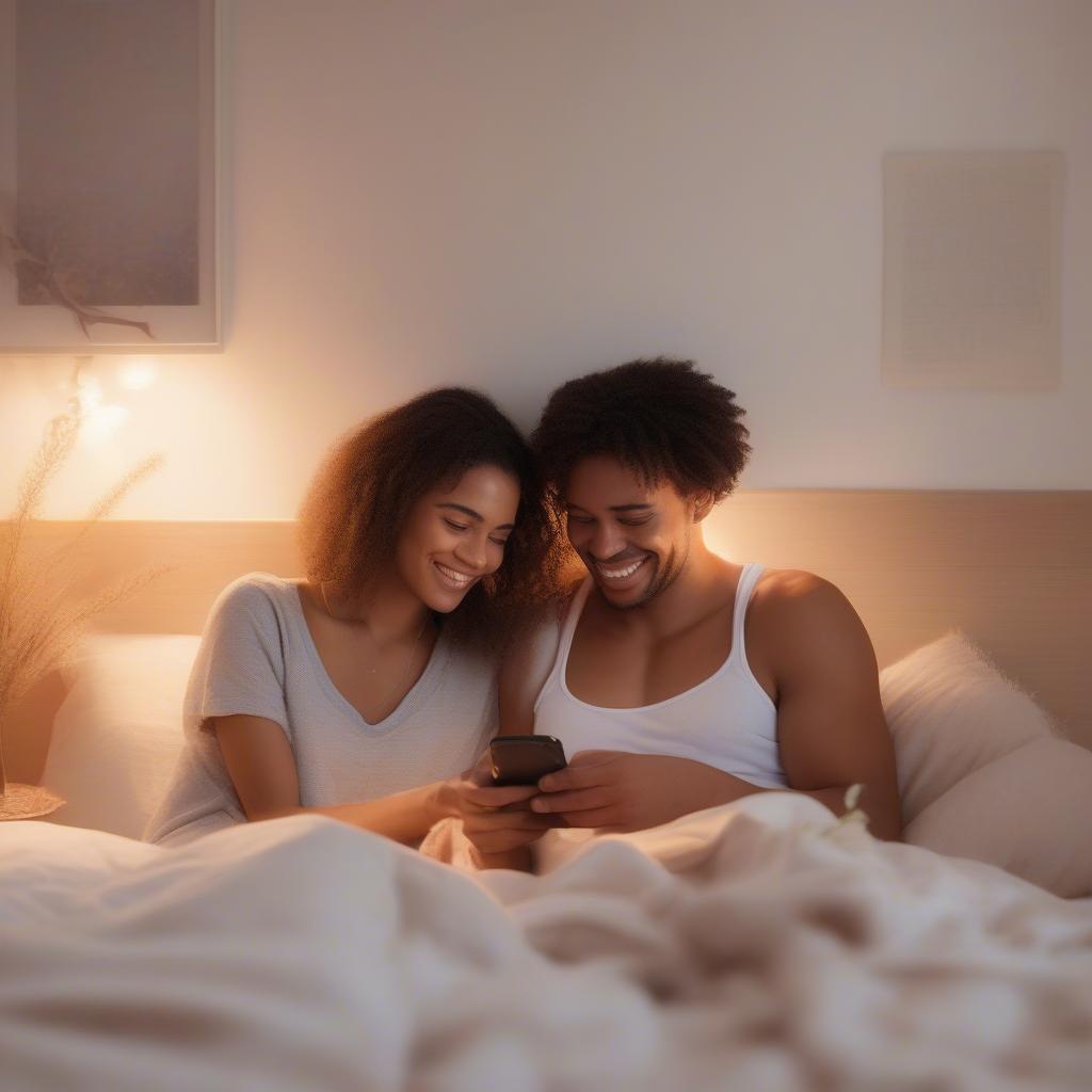 A couple cuddling in bed while reading good morning messages on their phones