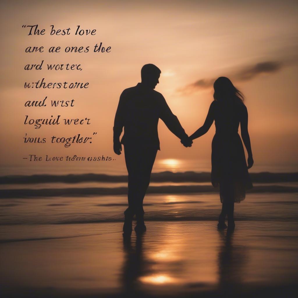 Couple silhouette at sunset with love quote overlay