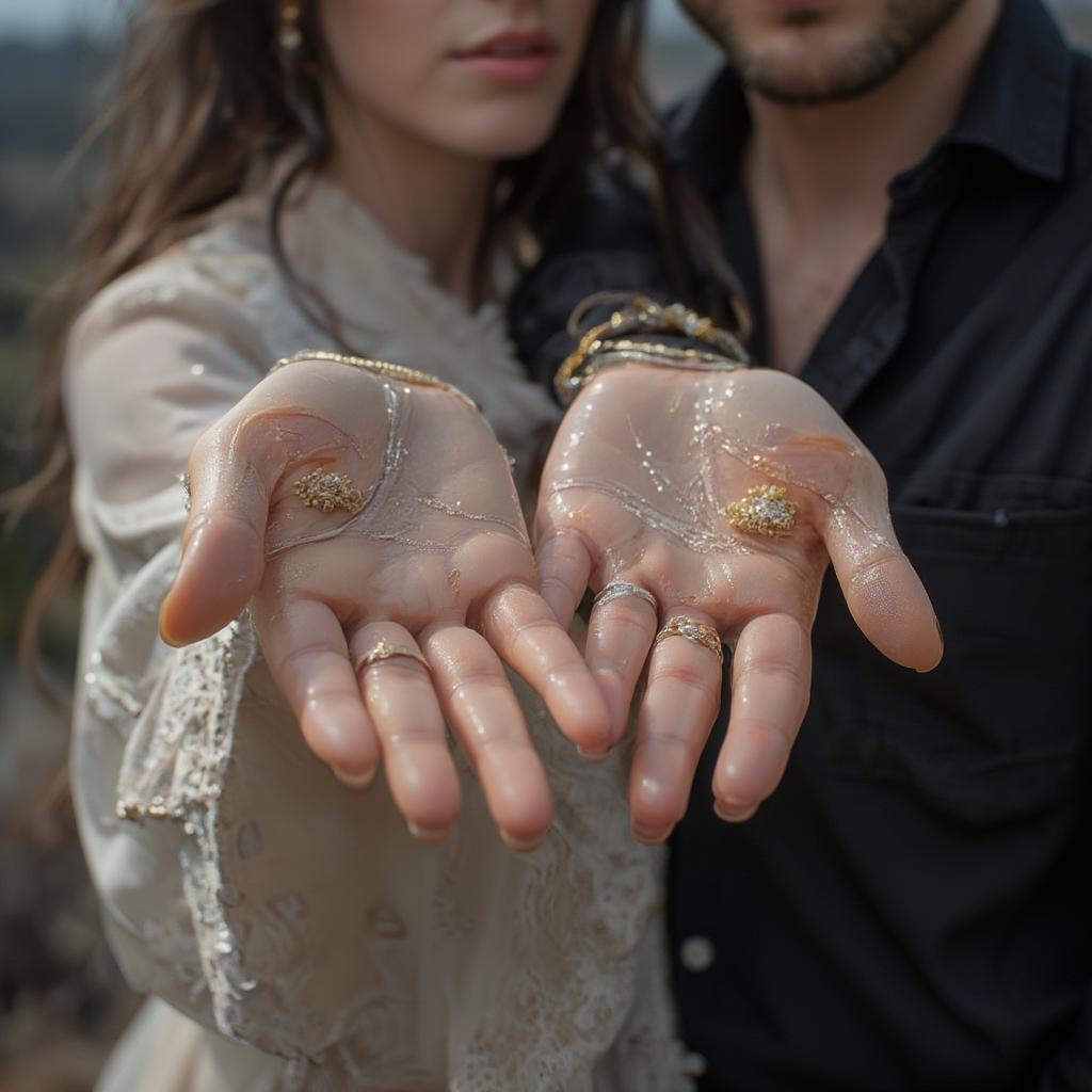 A close-up image of a couple embracing, with a focus on their intertwined hands