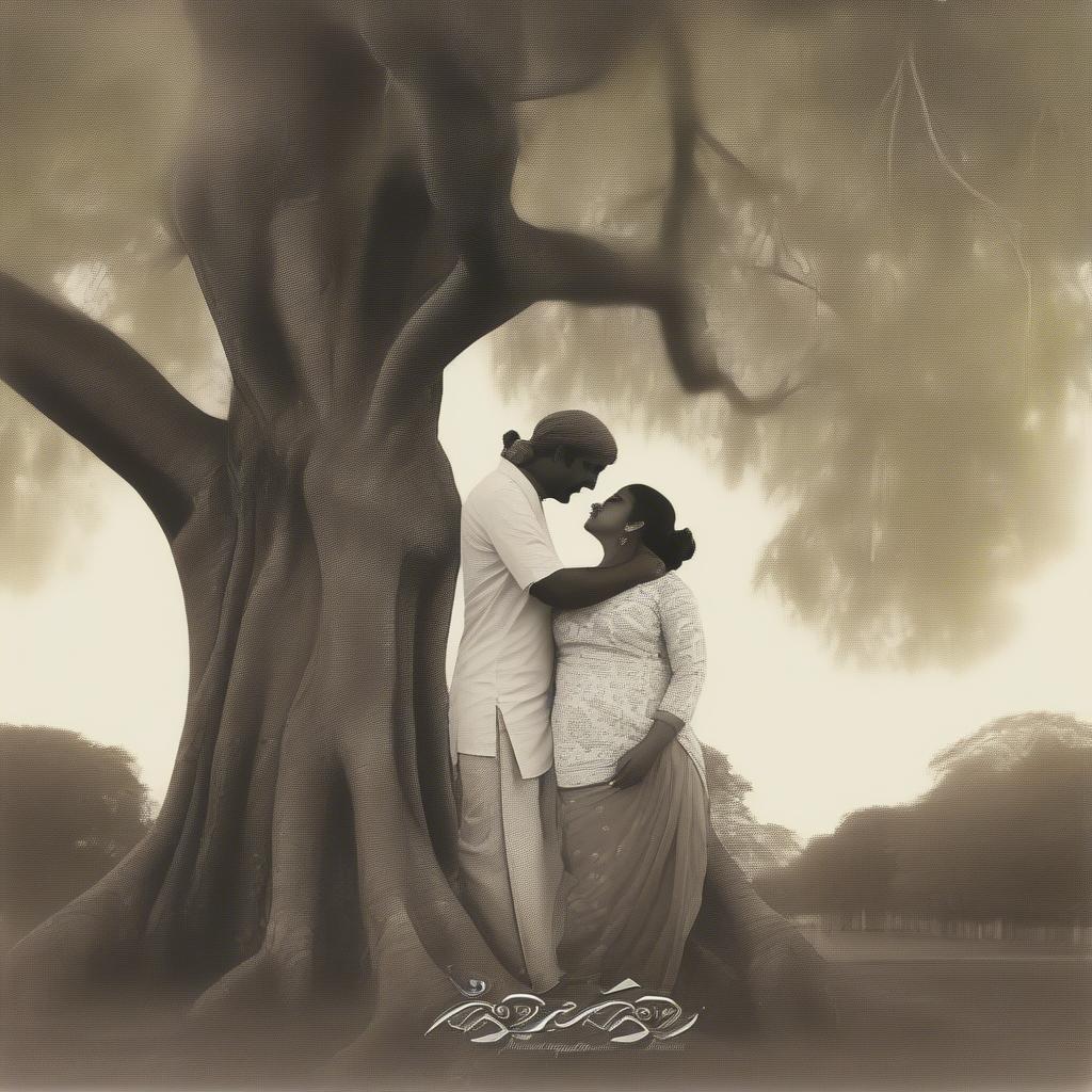 Couple embracing under a banyan tree, symbolizing deep love and connection in Tamil culture.