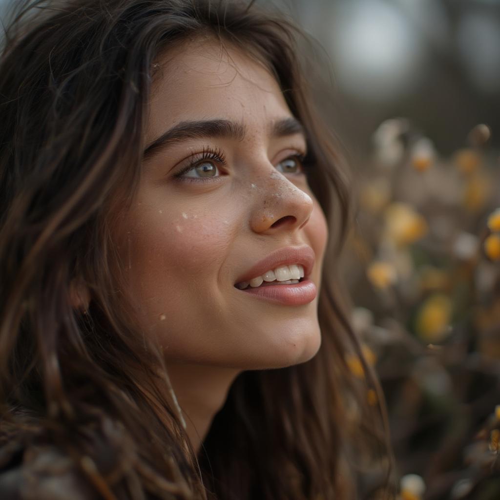 A woman with flowing hair, gazing into the distance, a soft smile playing on her lips as she listens to music on headphones.