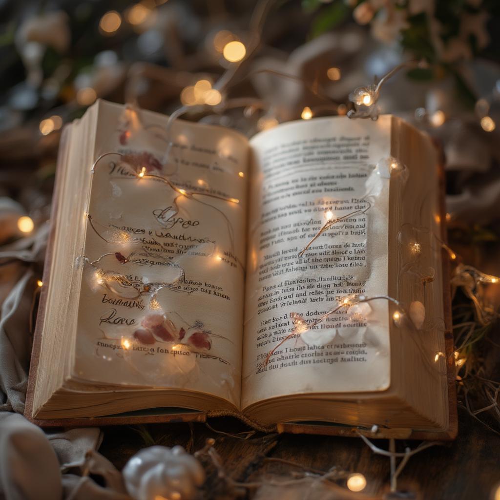 An open book displaying a page with beautifully written beauty and love quotes, soft lighting enhancing the romantic atmosphere.