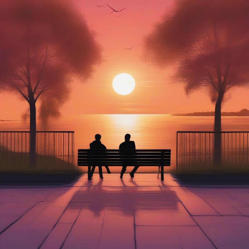 Couple deeply engaged in conversation, ignoring the beautiful sunset behind them