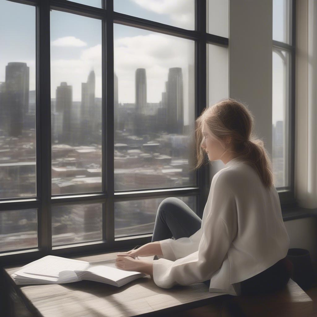 A woman sitting by a window, journal in hand, reflecting on her past relationships and self-worth.