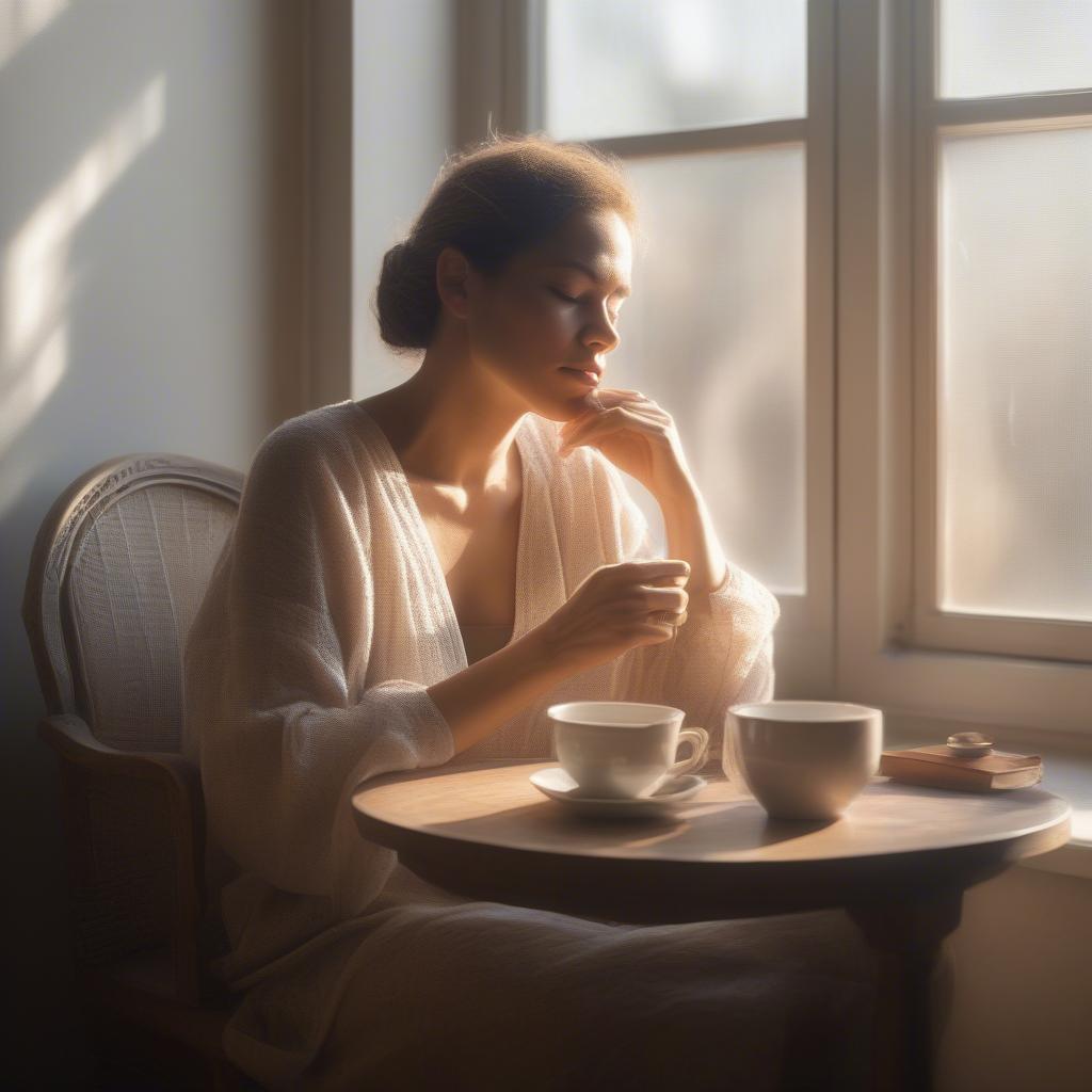 Woman meditating peacefully by a window, sunlight streaming in