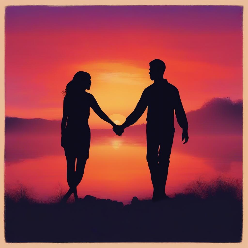 Couple Holding Hands and Looking at Sunset