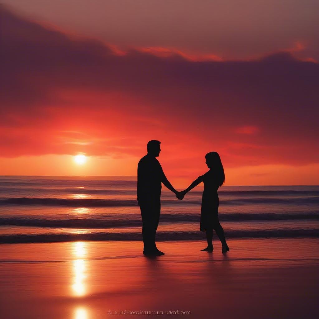 Couple embracing on a beach at sunset, expressing the joy of being together.