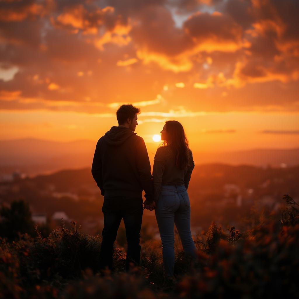 Silhouetted couple watching the sunset, symbolizing shared dreams and a future together.