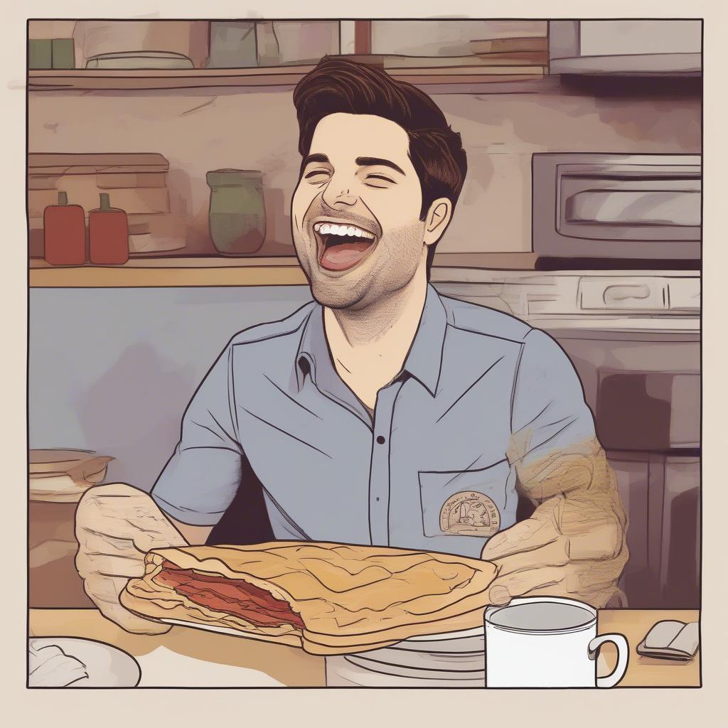 Ben Wyatt enjoying a calzone while thinking about Leslie Knope