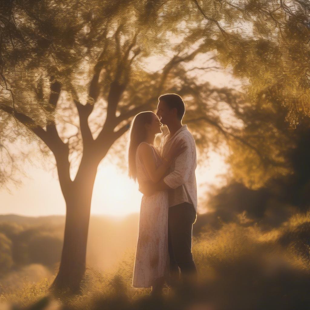 Couple embracing on a sunny day, sharing a loving moment, surrounded by beautiful scenery.