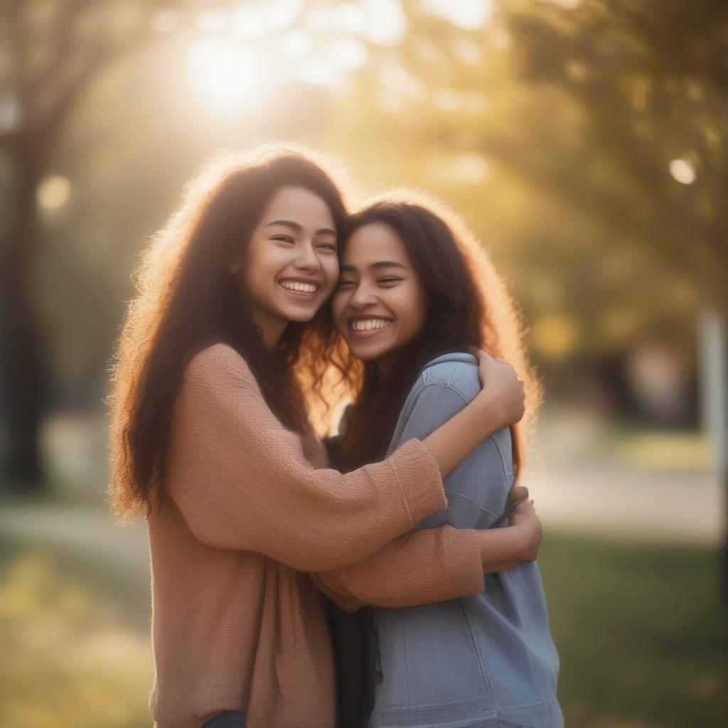 Two best friends hugging, laughing, and enjoying each other's company.