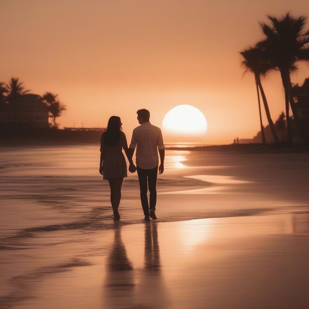 Couple holding hands walking on the beach