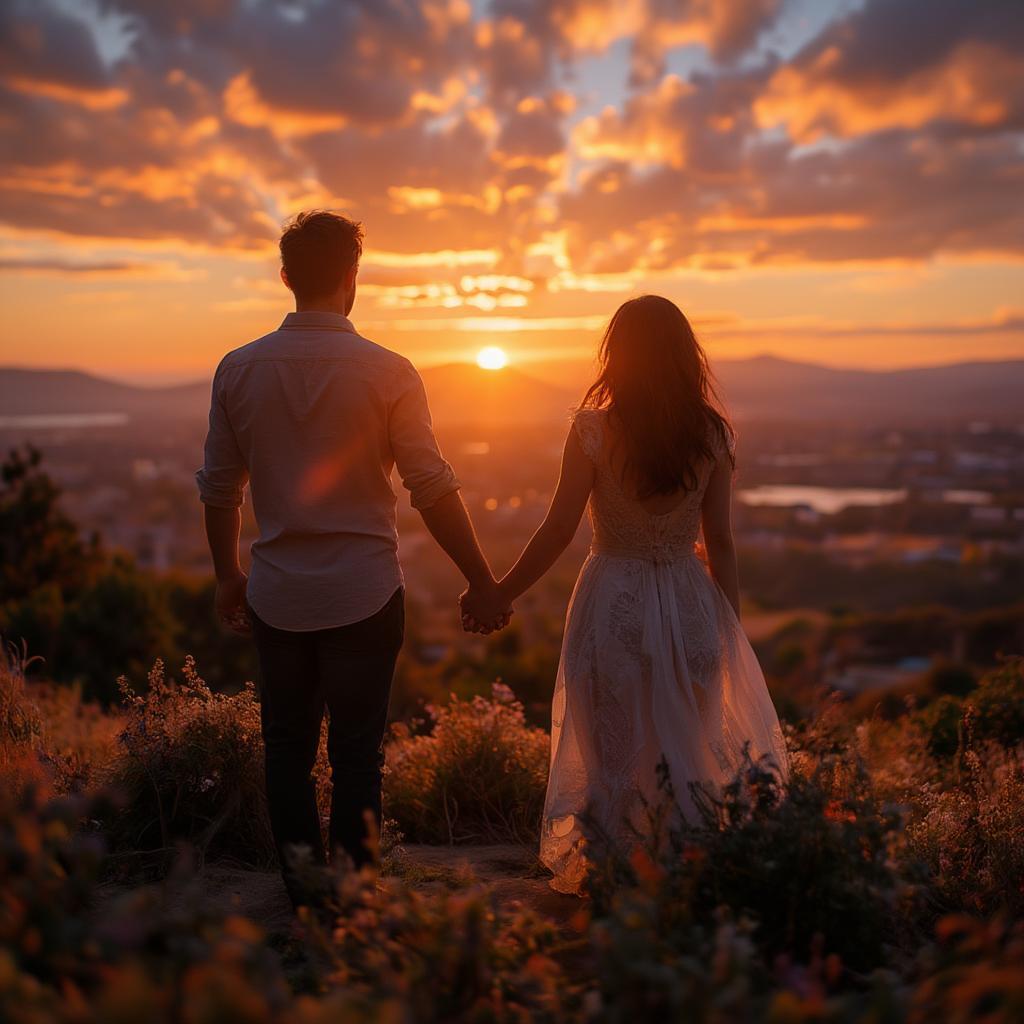 Couple holding hands at sunset, symbolizing the transition from friendship to love