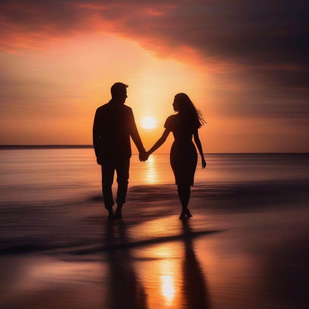 Couple walking hand-in-hand on a beach at sunset, framed by a quote about cherished memories.