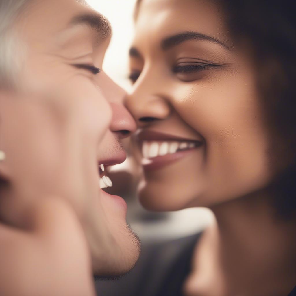 A woman whispering a sweet nothing into a man's ear, both smiling.