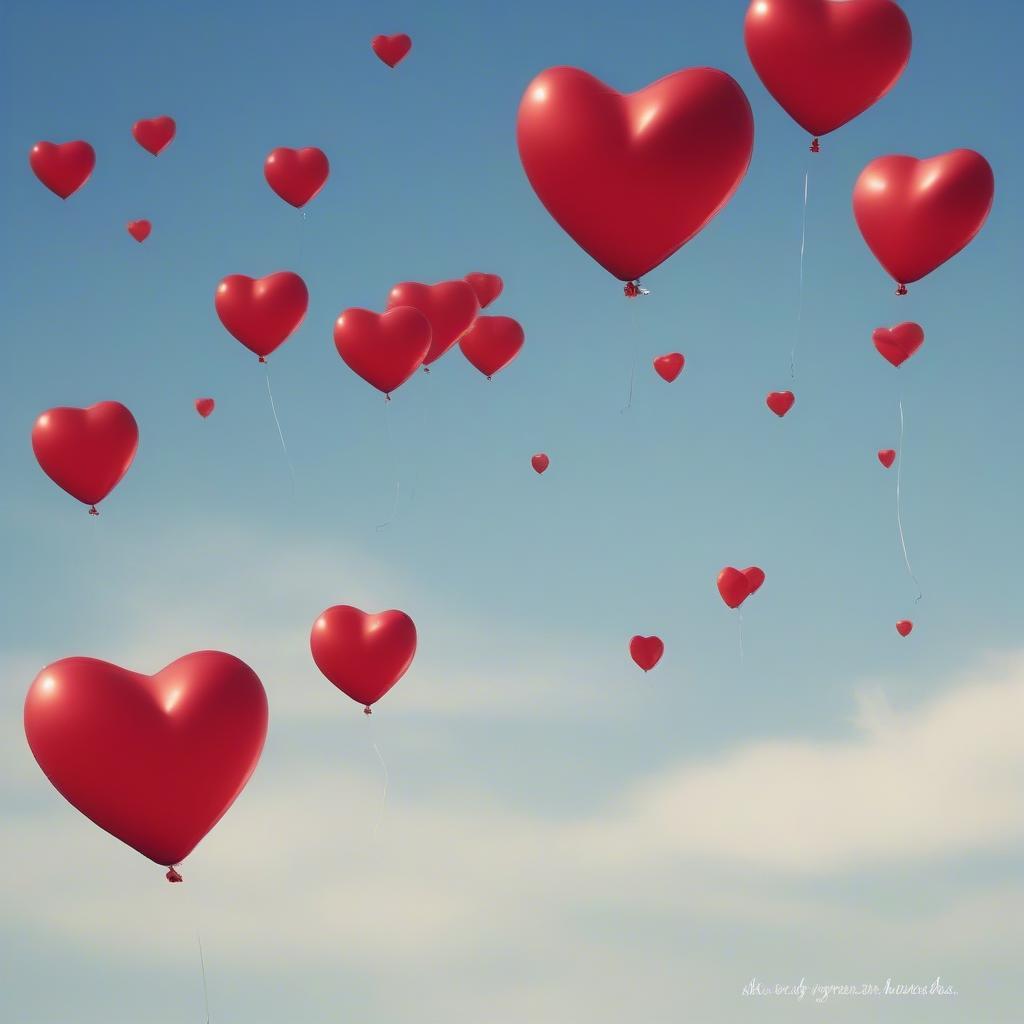 Heart-Shaped Balloons Floating in a Clear Blue Sky with Uplifting Love Quote