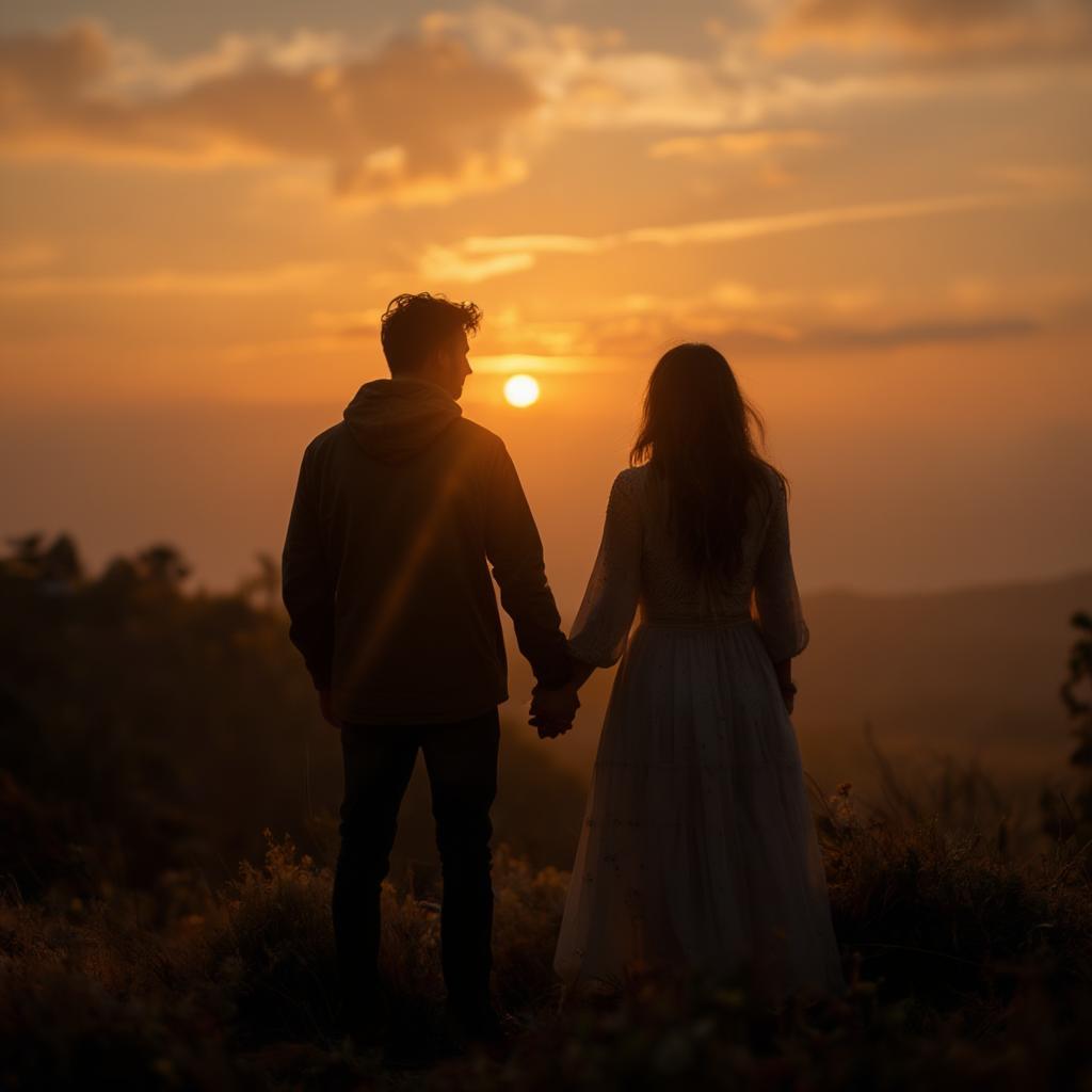 Romantic couple silhouette against a vibrant sunset backdrop