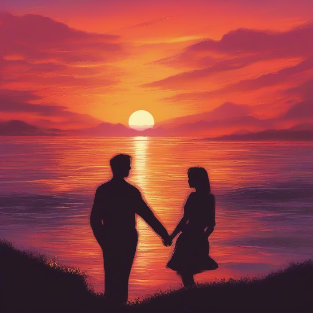 Romantic Couple Embracing under a Sunset Sky