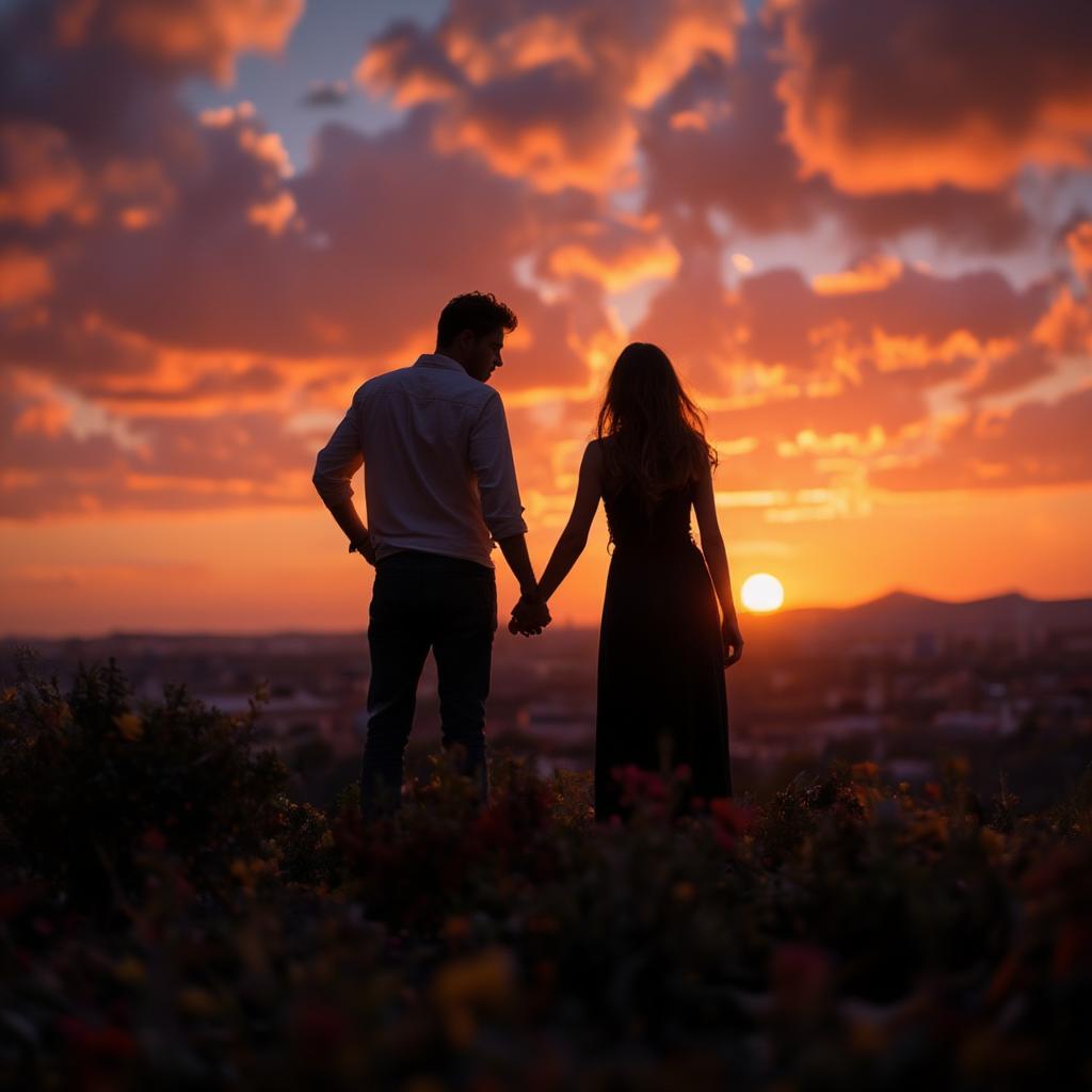 Romantic Couple Embracing at Sunset