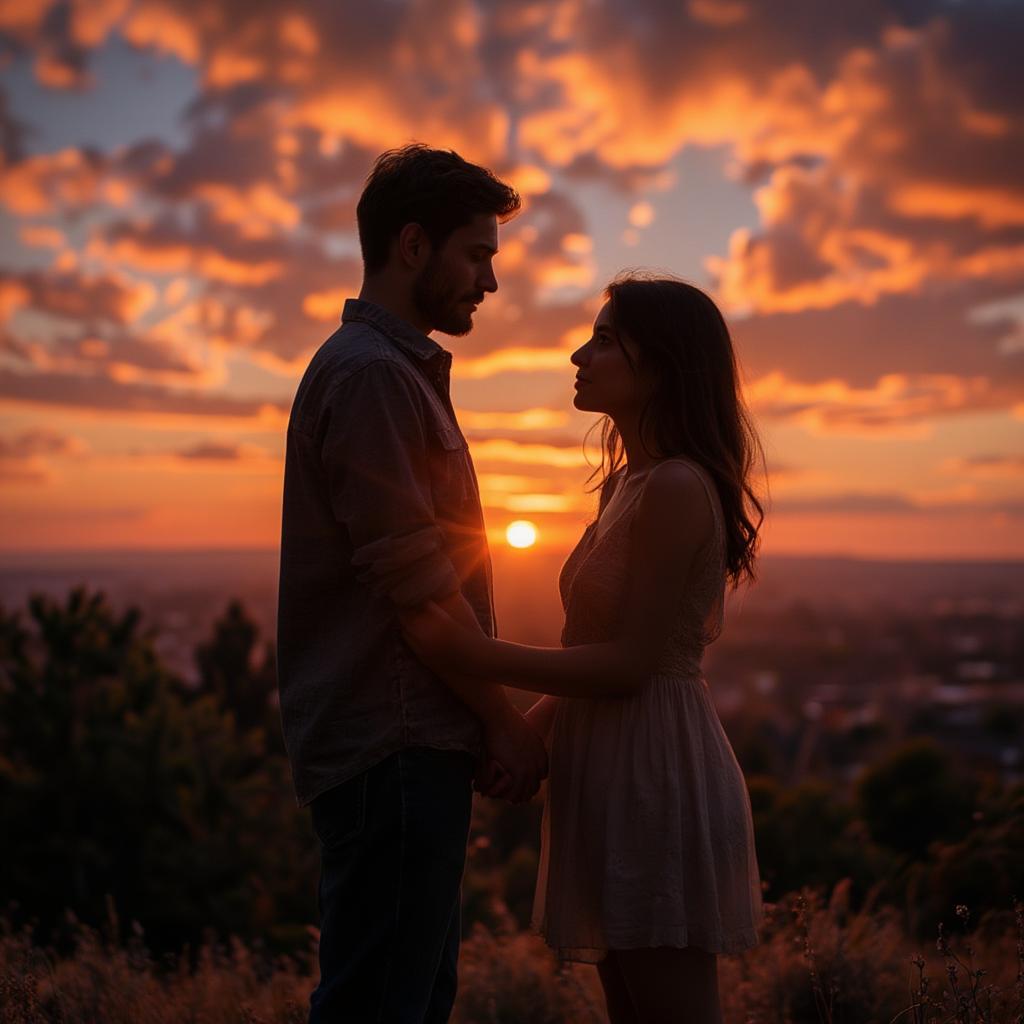 Romantic Couple Embracing with a Sunset Backdrop