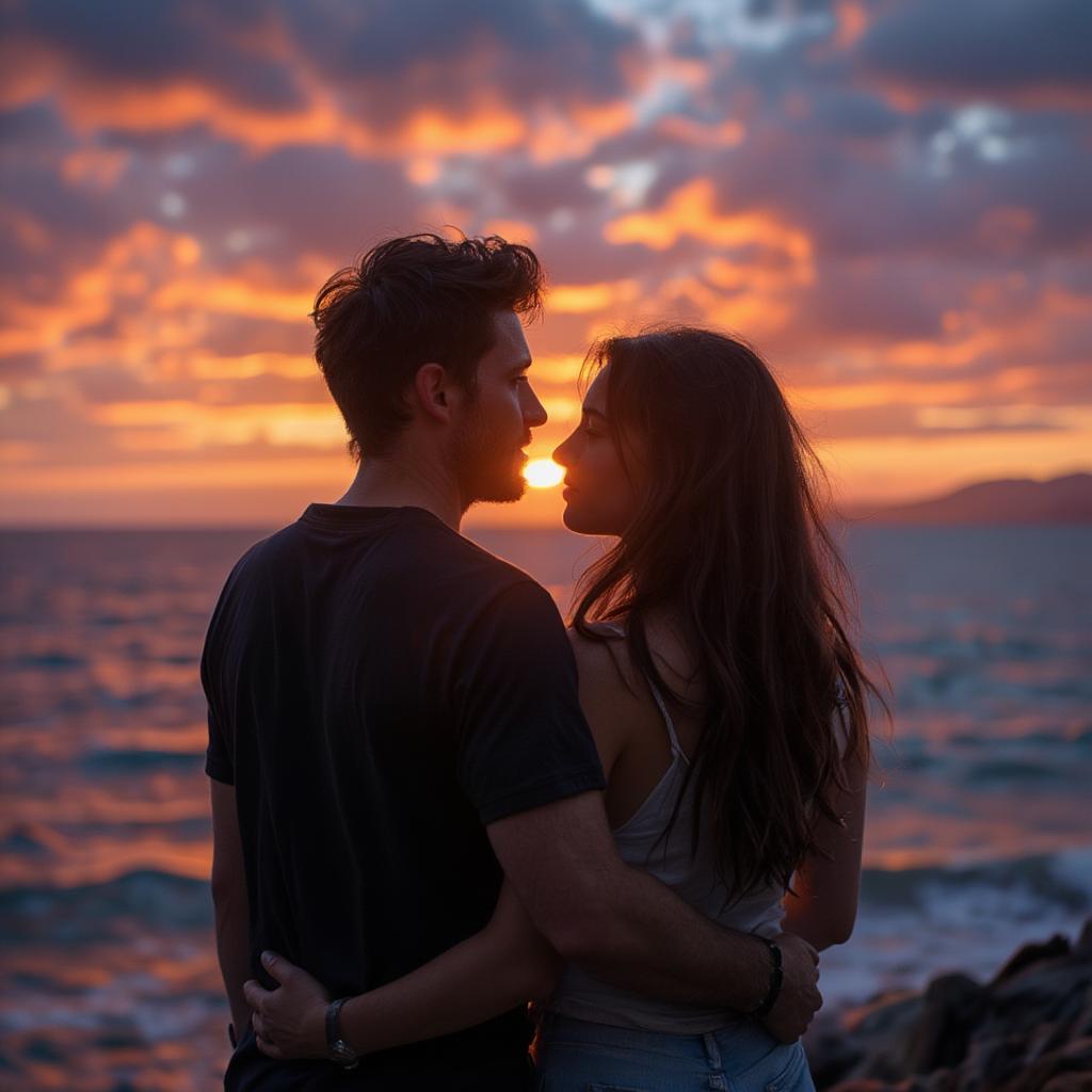 Couple embracing with a beautiful sunset backdrop