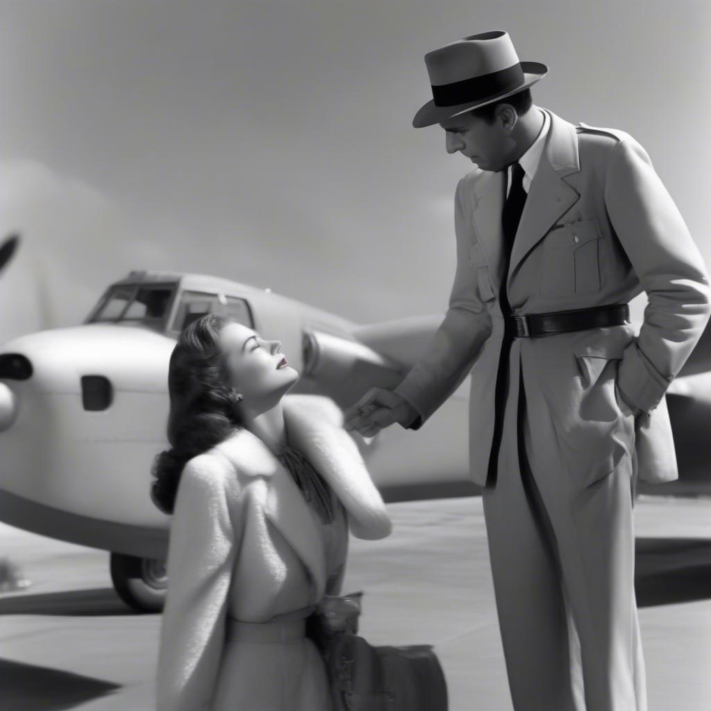 Iconic movie scene from Casablanca with Rick and Ilsa