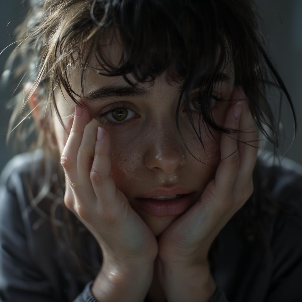 A woman sits alone, her head in her hands, a single tear rolling down her cheek. The background is blurred, suggesting a sense of isolation and lost love.