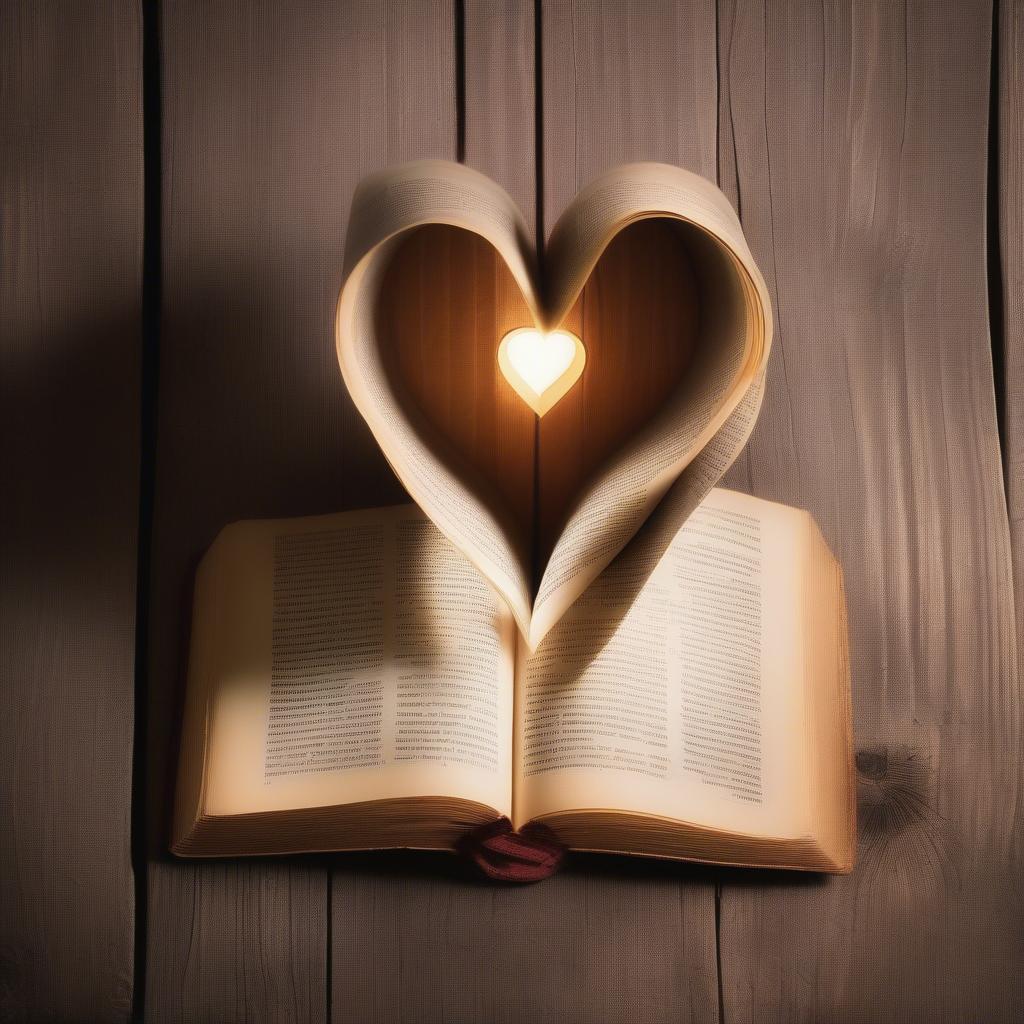 Open Bible with a heart shaped cutout revealing light, symbolizing the peace and love found within.