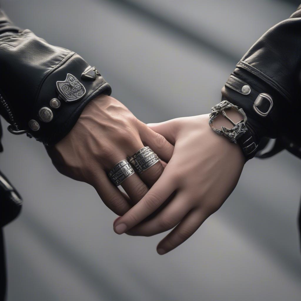 Biker couple holding hands, wearing leather jackets