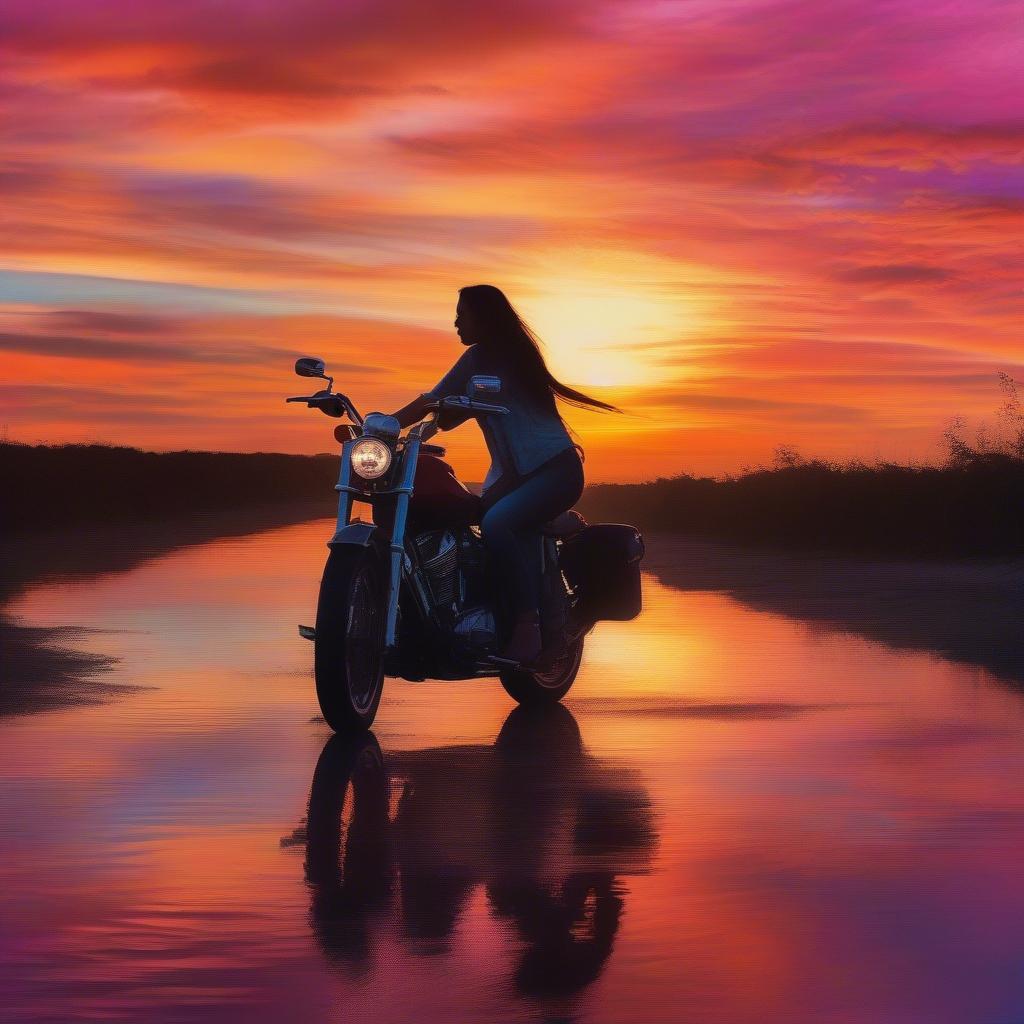 Couple riding into the sunset on their motorcycles