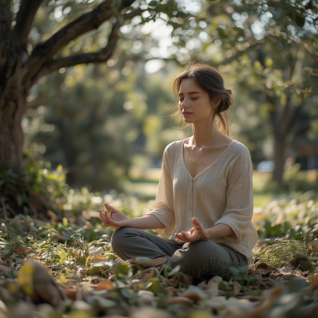 A person meditating under a tree, illustrating the concept of biophilia and the inherent human connection to nature.