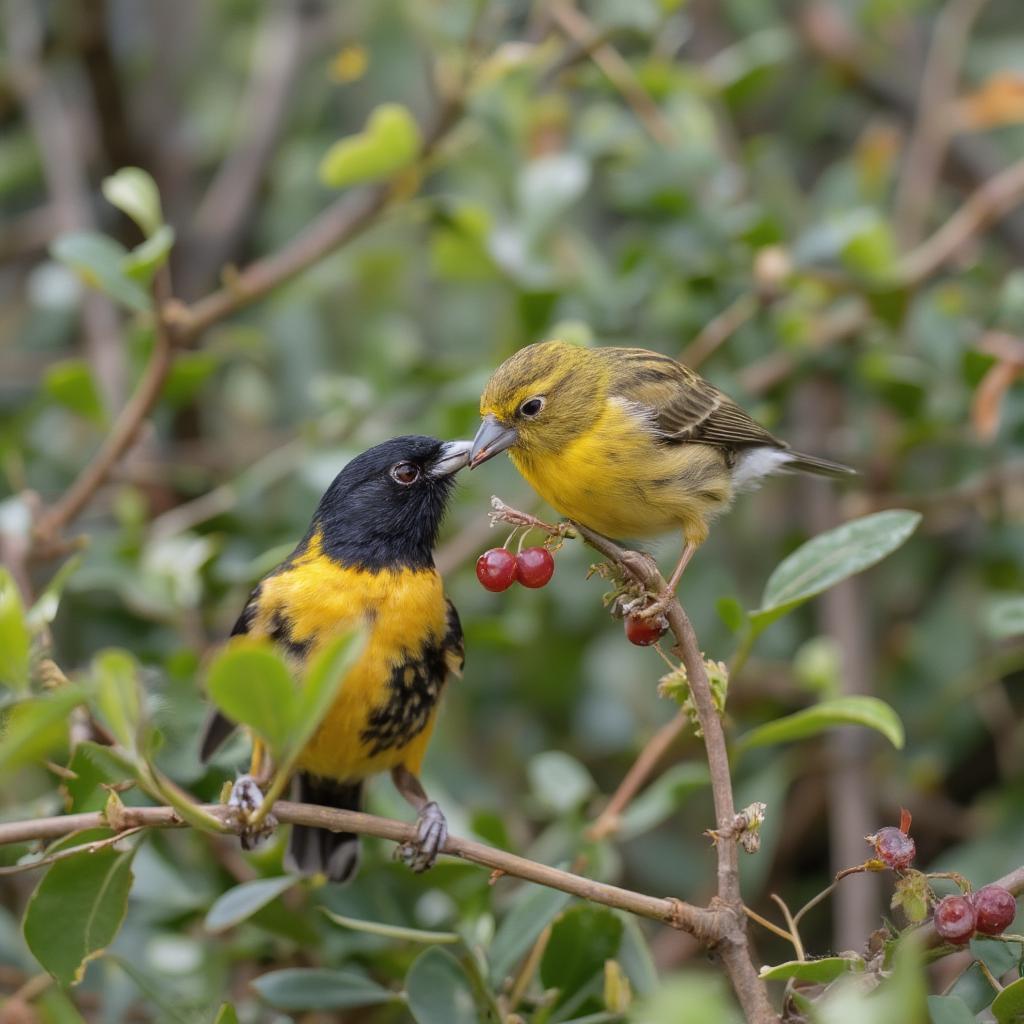 A bird feeds its partner, a potential display of affection and care.