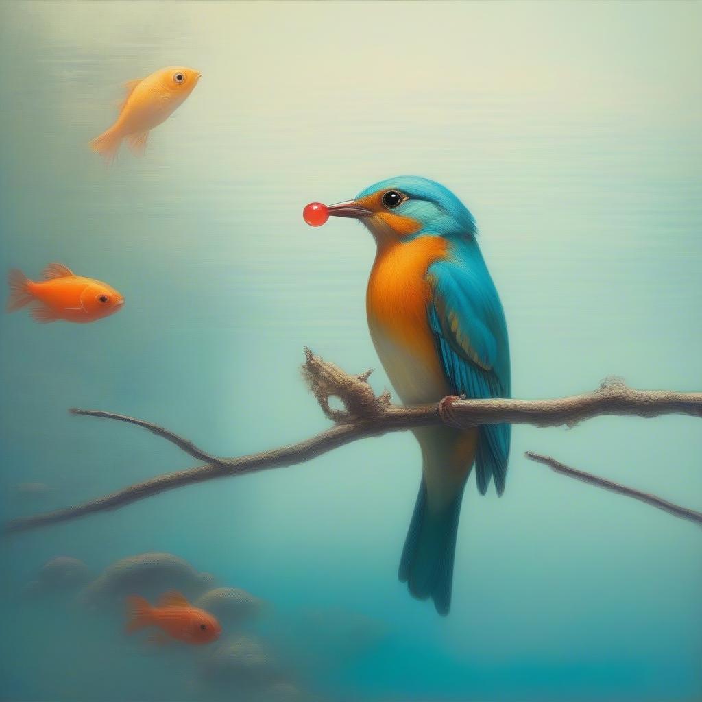 A bird gazing at a fish swimming below the surface, symbolizing love across different worlds.