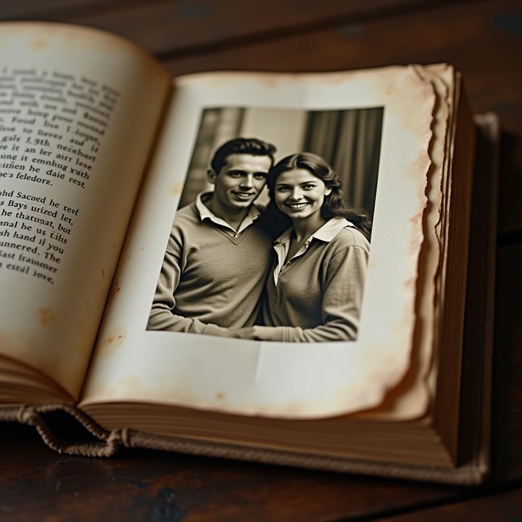 Old photo album opened to a picture of a couple, evoking memories of a past love