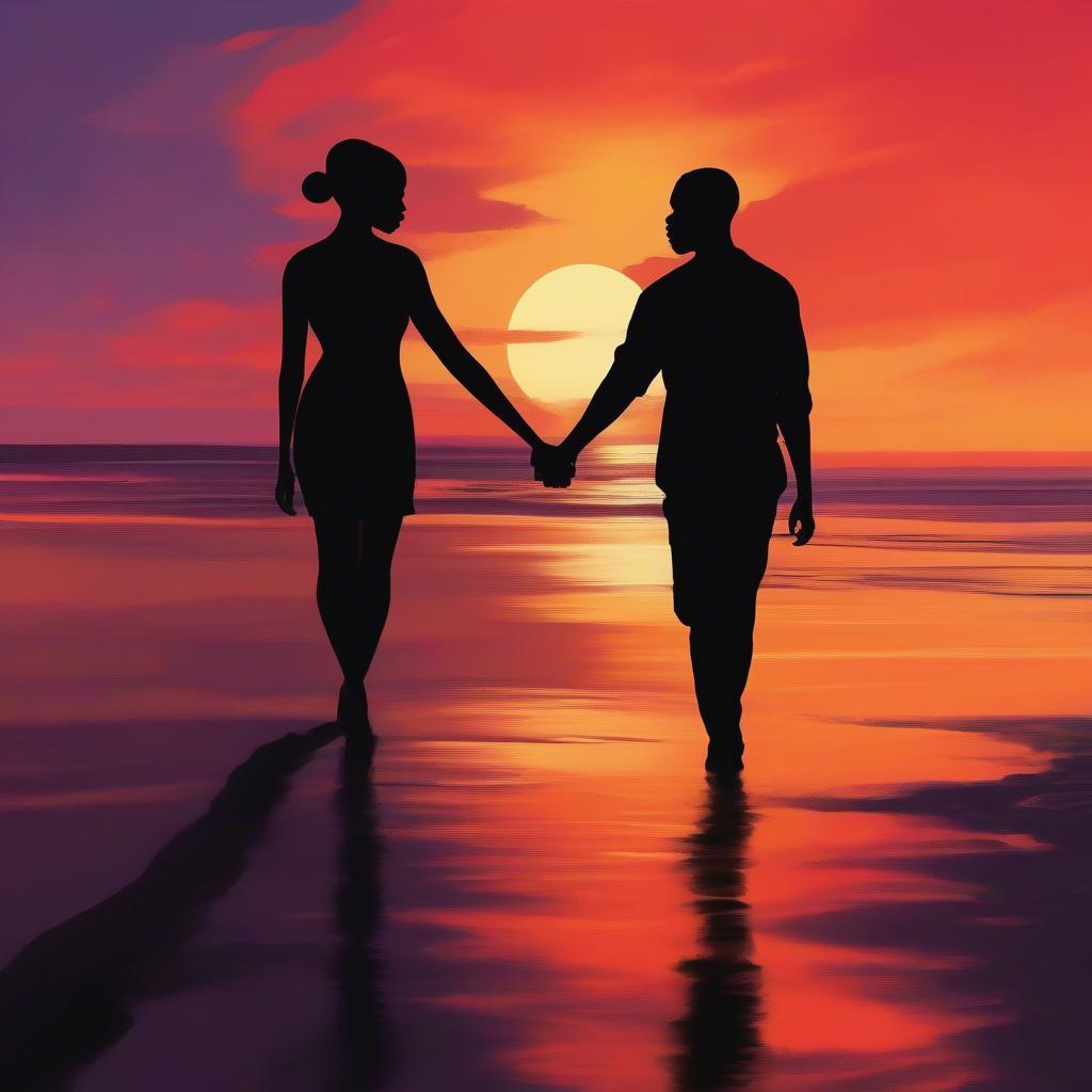 Black couple holding hands on a beach, sunset in the background