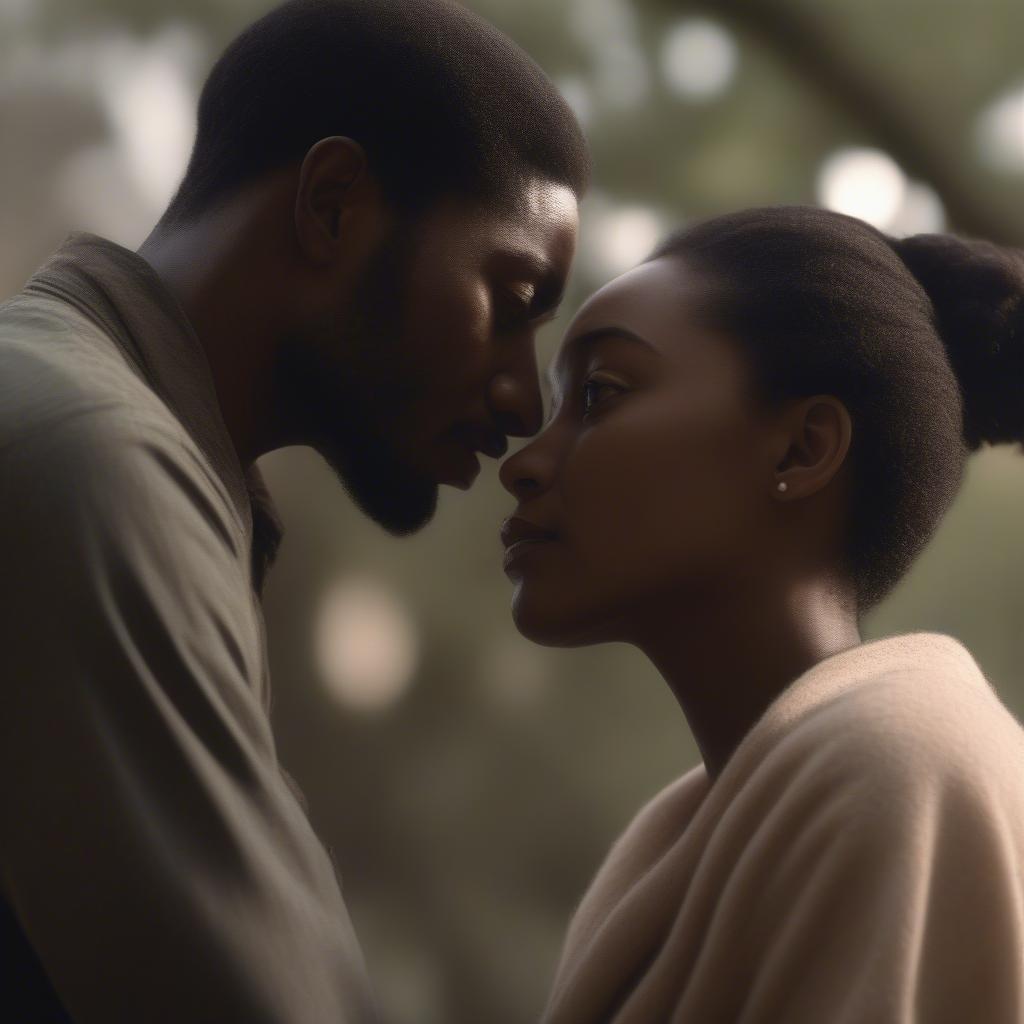 Black Love Movie Scene: A couple gazes into each other's eyes, conveying a deep emotional connection.