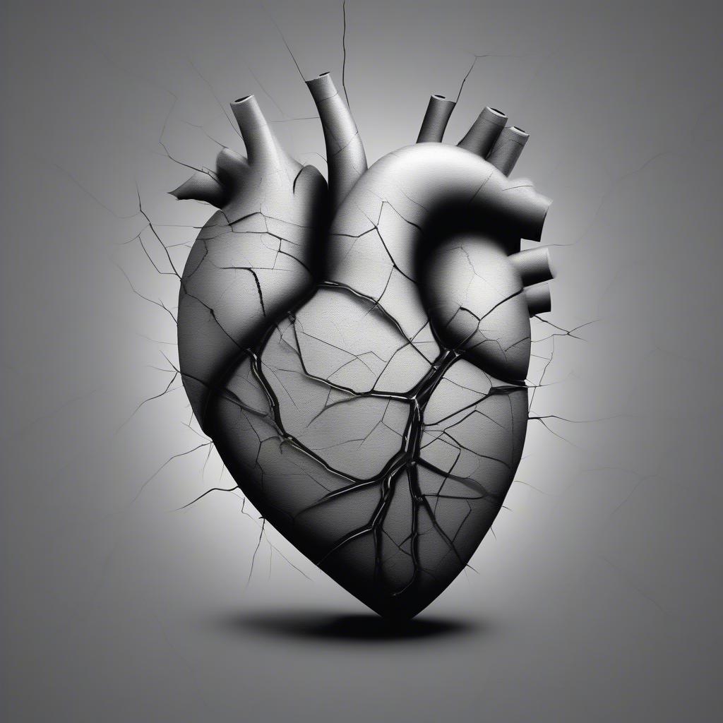 A stylized black and white image of a broken heart, representing heartbreak and loss.