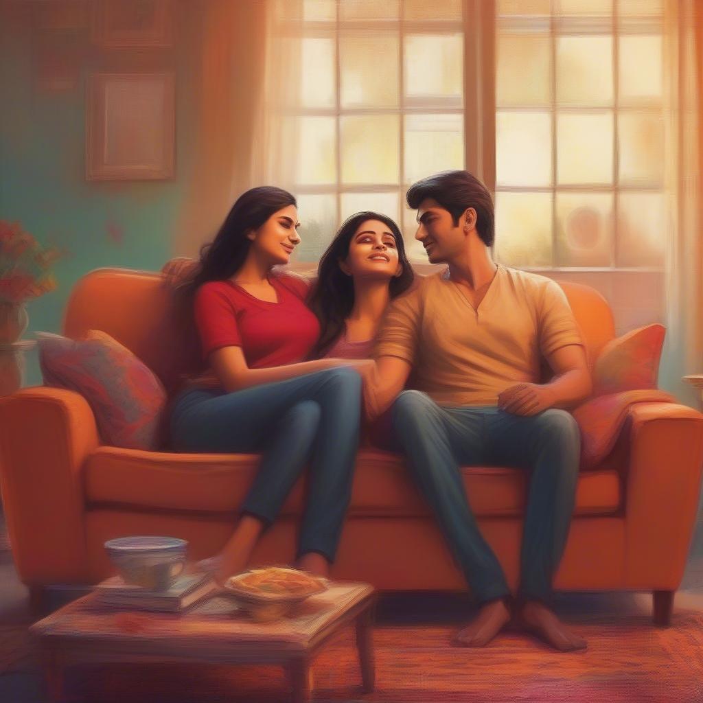 A couple snuggled together on a couch, watching a Bollywood movie on television, inspired by the romantic dialogues and quotes.