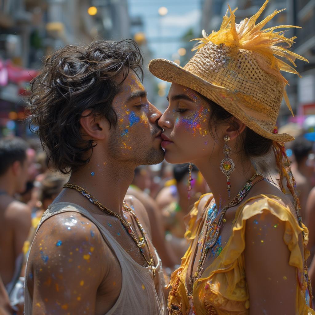 Couple kissing during Brazilian Carnival