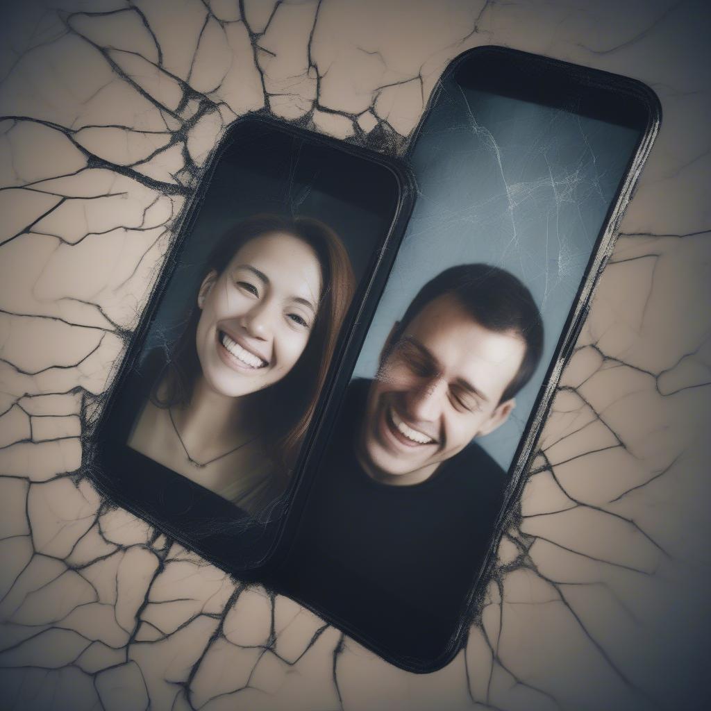 Close up of a cracked phone screen with a photo of a couple