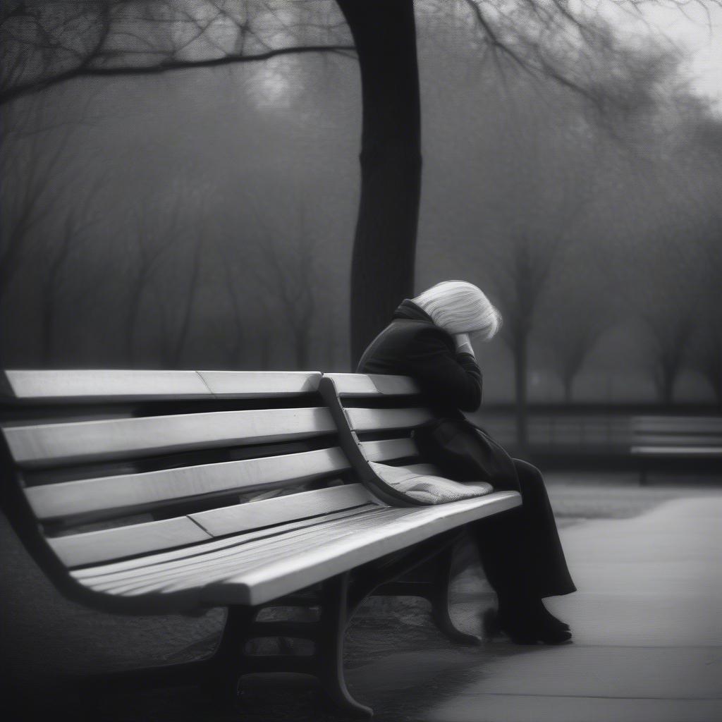 A woman sitting alone on a bench, staring into the distance with a melancholic expression, symbolizing heartbreak and loneliness.