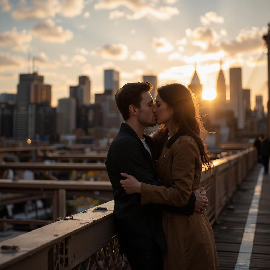 Couple kissing on the Brooklyn Bridge at sunset.