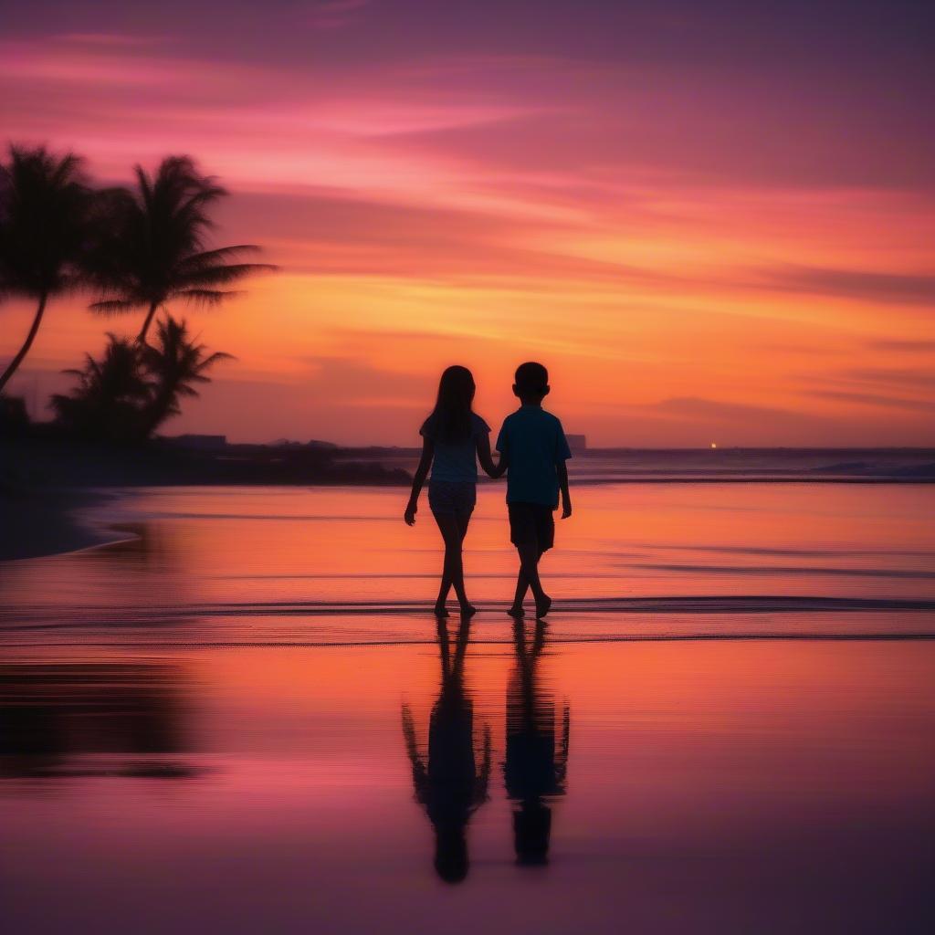 Brother and sister walking along the beach at sunset.