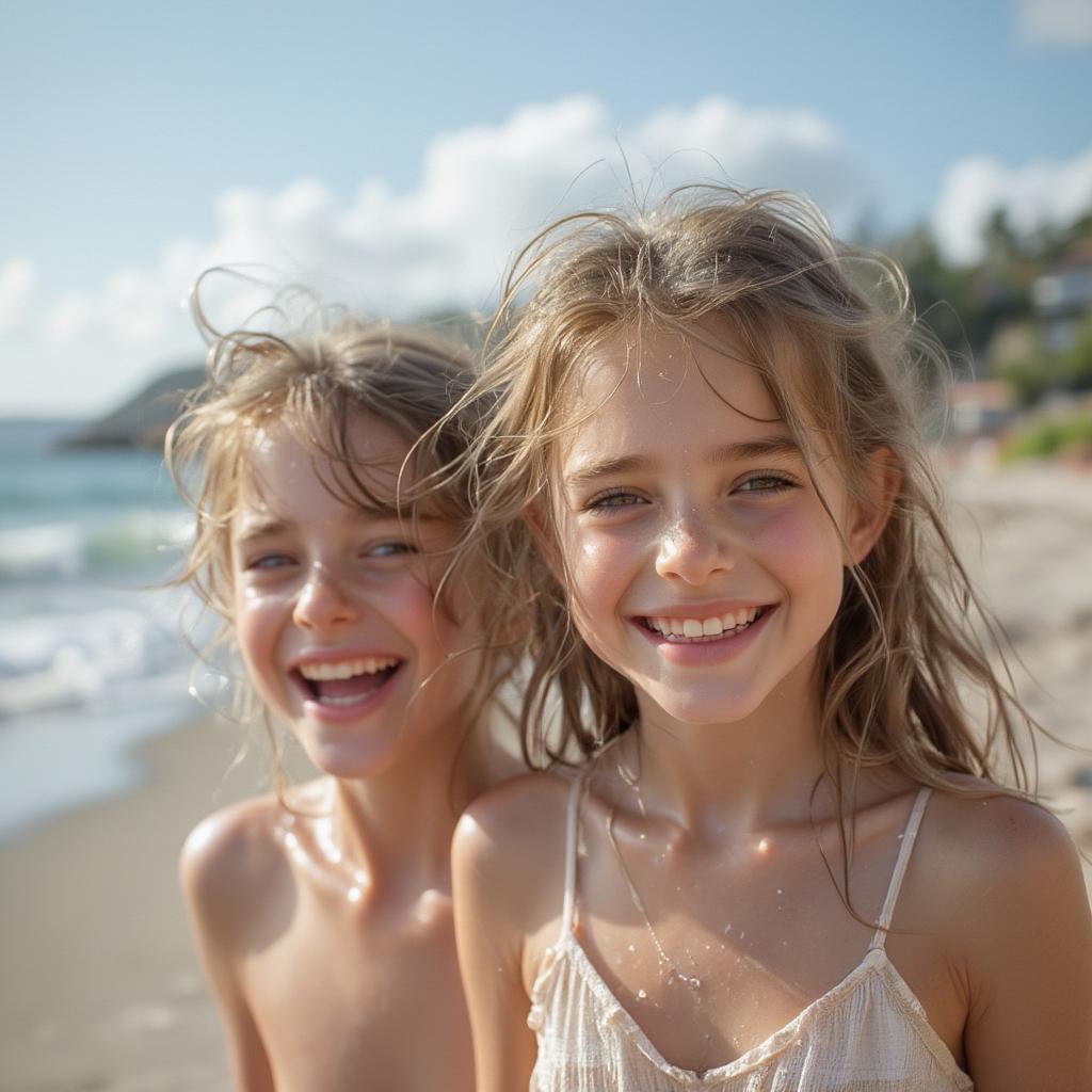 Brother and sister laughing together on the beach